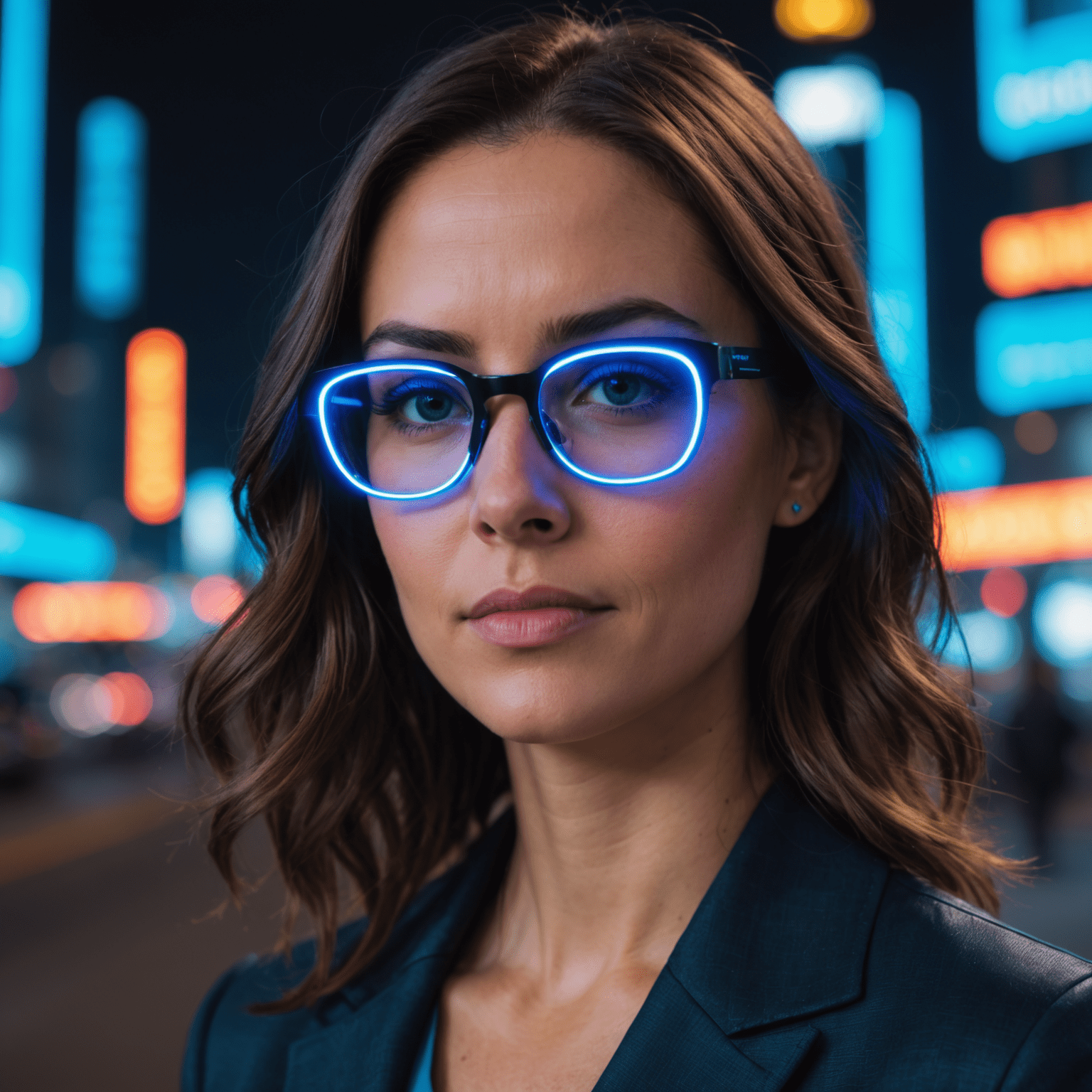 A professional headshot of the author, wearing sleek, futuristic glasses with a subtle neon blue rim. The background is a blurred cityscape with neon lights.