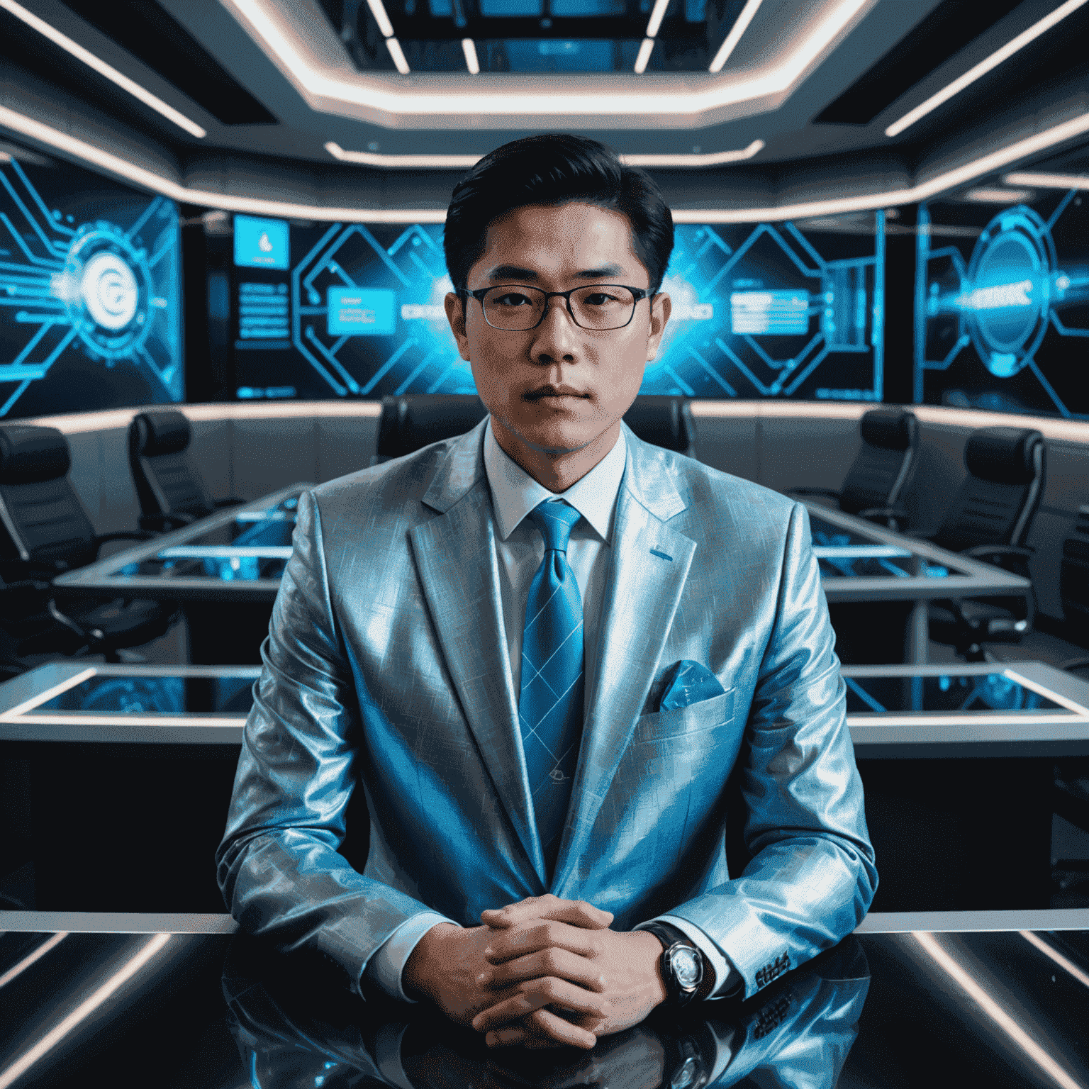 A young Tony Tan in a sleek, futuristic boardroom, surrounded by holographic displays showing banking data and educational institution logos. He's wearing a metallic silver suit with neon blue accents, symbolizing his roles in the banking sector and educational institutions.