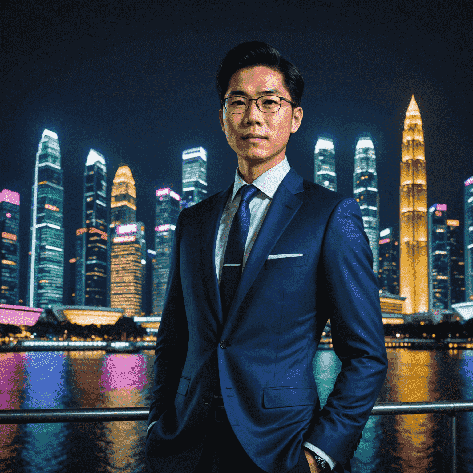 A young Tony Tan in a business suit, standing in front of a Singapore skyline with neon-lit skyscrapers