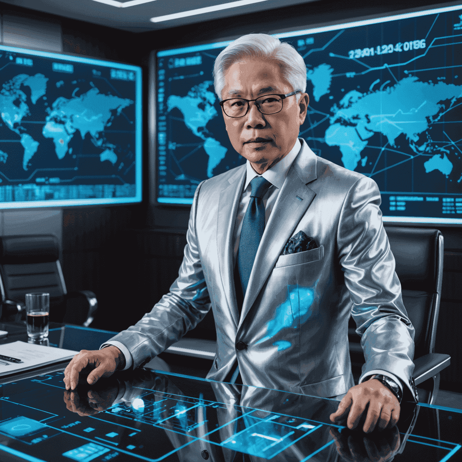 Tony Tan in a sleek, futuristic boardroom, dressed in a metallic silver suit, reviewing holographic financial projections with neon blue graphs and charts floating in the air.