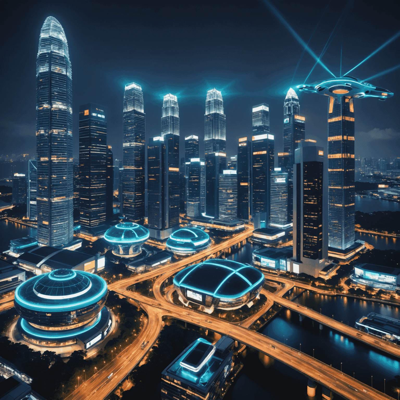 A futuristic cityscape of Singapore with holographic projections showcasing various innovation initiatives. The image features neon-lit skyscrapers and flying vehicles, symbolizing the forward-thinking policies implemented during Tony Tan's presidency.