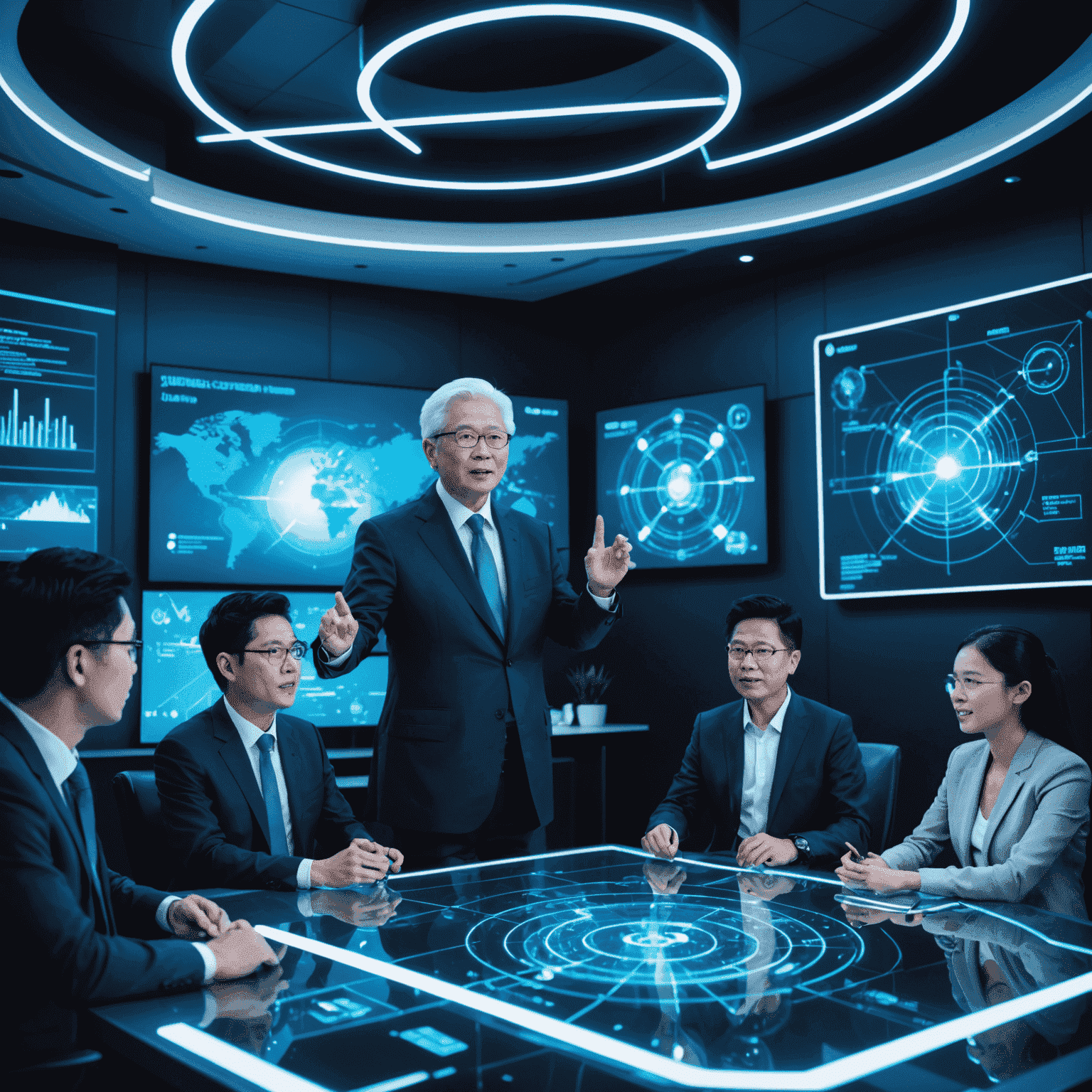 Former President Tony Tan in a futuristic meeting room, surrounded by young entrepreneurs. He's gesturing towards a holographic display showing business analytics and startup ideas. The room is illuminated with neon blue lights, creating a high-tech atmosphere.