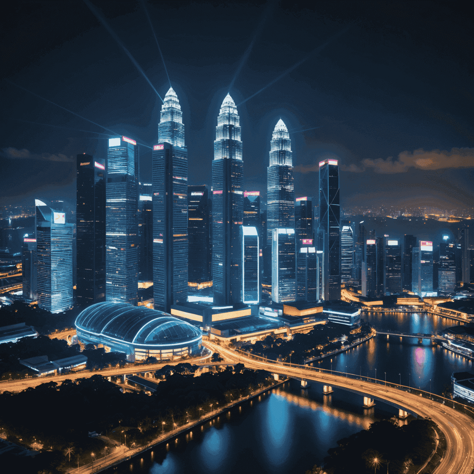 Futuristic Singapore skyline with neon lights, showcasing the modern economic landscape influenced by Tony Tan's vision