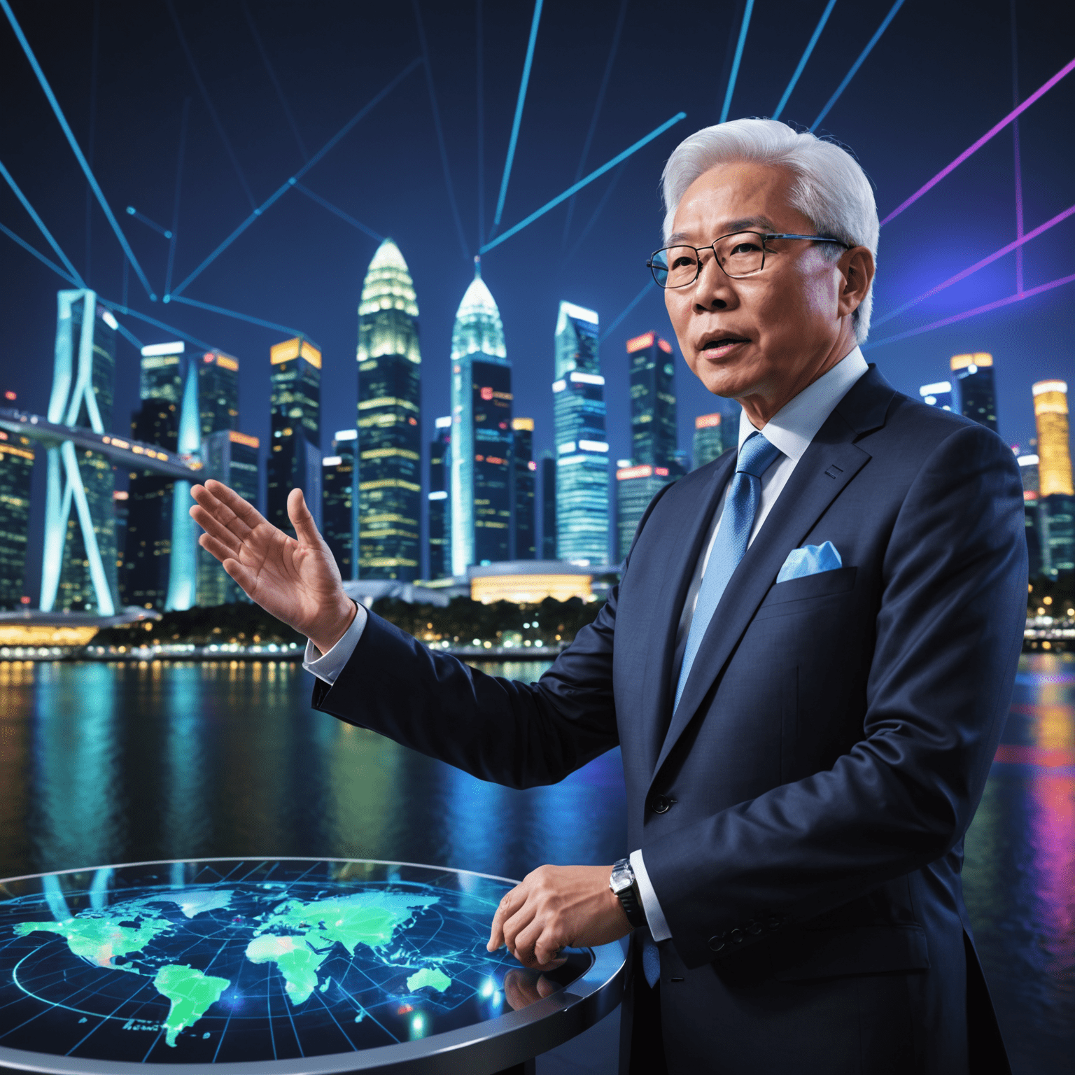 Tony Tan speaking at a business conference, dressed in a sharp suit with futuristic neon accents. The background shows a Singapore skyline with holographic projections of economic graphs and charts.