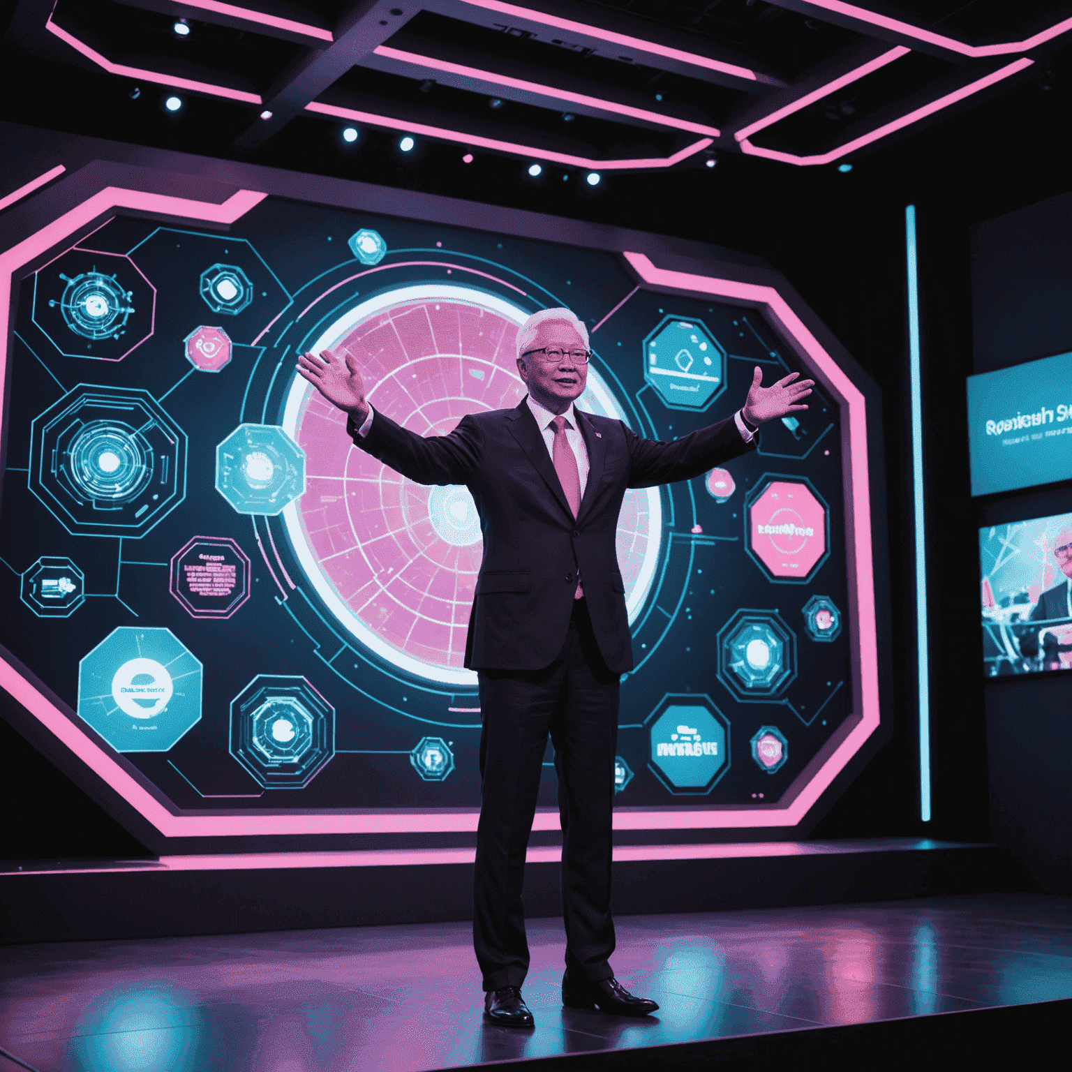 President Tony Tan standing on a futuristic stage with a holographic backdrop showcasing various innovation policies and entrepreneurial programs. He's gesturing towards floating 3D models of start-ups and tech innovations, wearing a sleek black suit with neon pink accents.