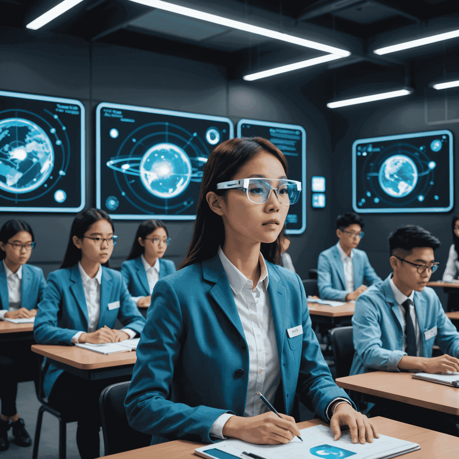 A futuristic classroom with holographic displays and students wearing augmented reality glasses, symbolizing Tony Tan's vision for education.