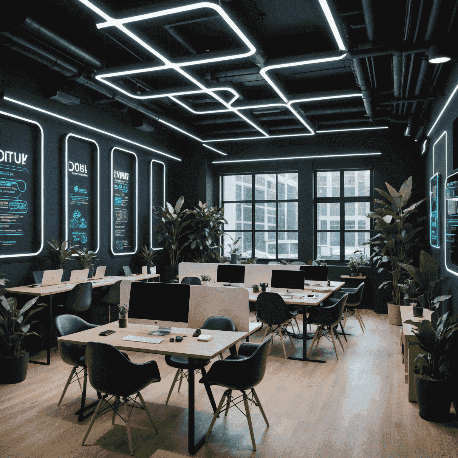 Futuristic co-working space with neon accents, representing Singapore's thriving startup ecosystem