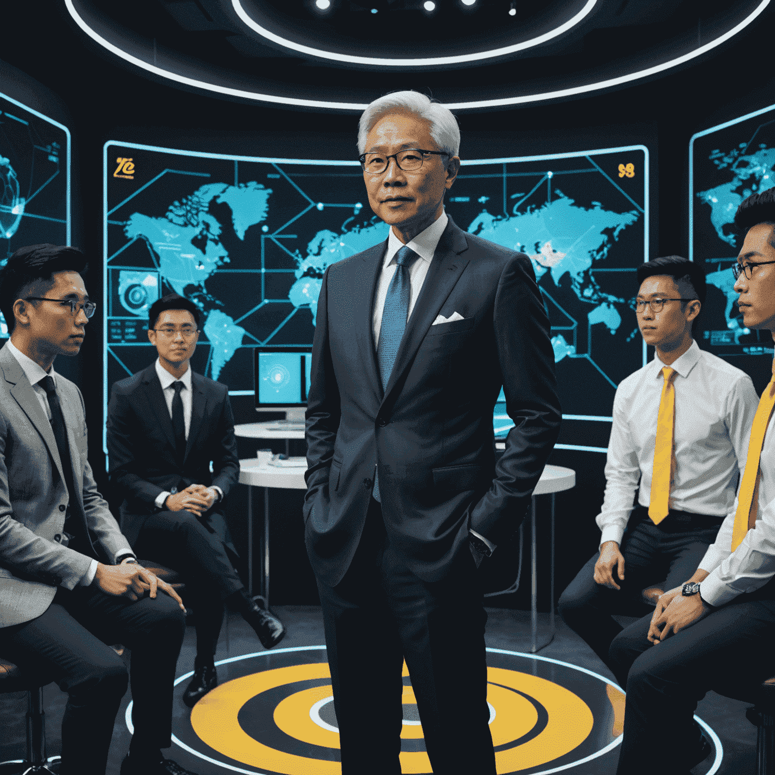 Tony Tan in a high-tech mentoring space, surrounded by young entrepreneurs. He's using interactive holograms to demonstrate business strategies. His outfit combines traditional elements with futuristic touches, featuring a classic suit with glowing yellow pinstripes.