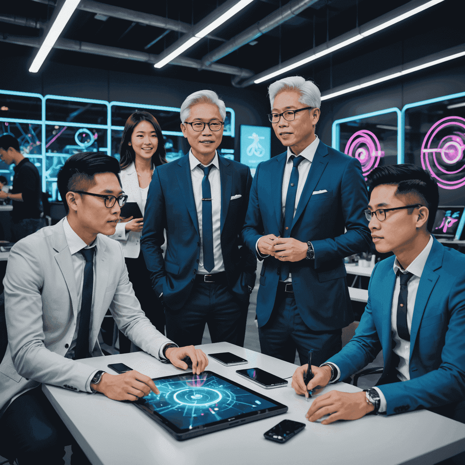 Tony Tan in casual business attire, mentoring a group of young entrepreneurs in a futuristic co-working space with neon accents