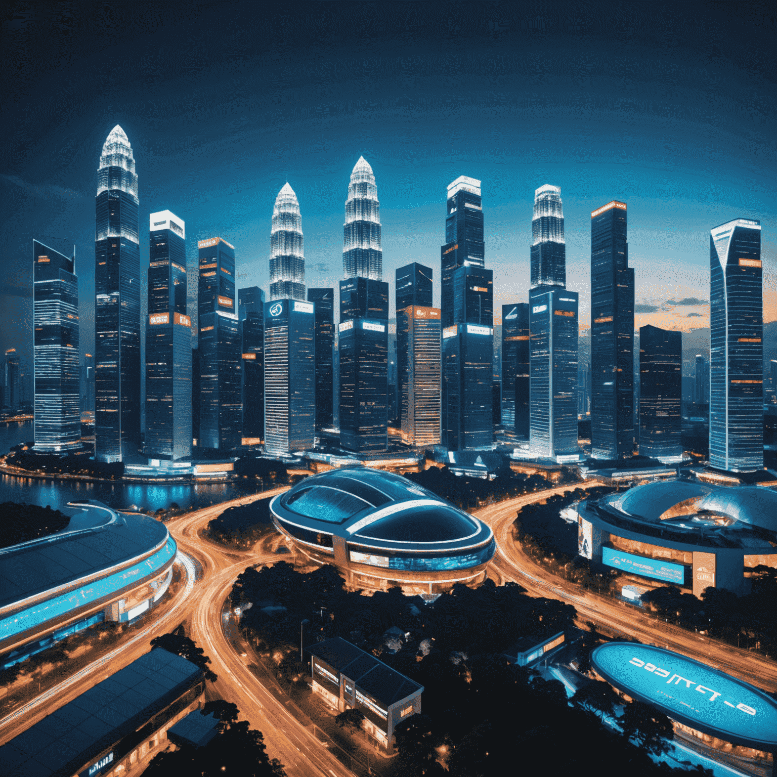 A futuristic Singapore skyline with neon-lit skyscrapers, flying vehicles, and holographic billboards showcasing financial data and educational achievements, symbolizing the long-term impact of Tony Tan's business ventures.