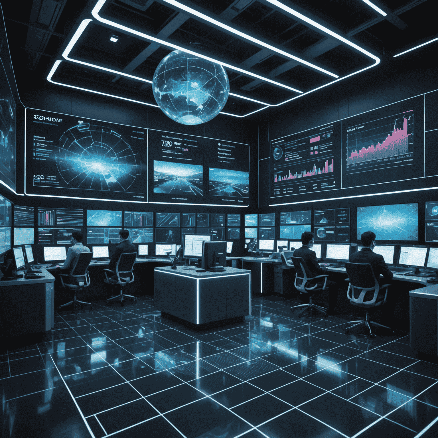 Futuristic trading floor with holographic displays and neon data visualizations, symbolizing Singapore's advanced financial sector