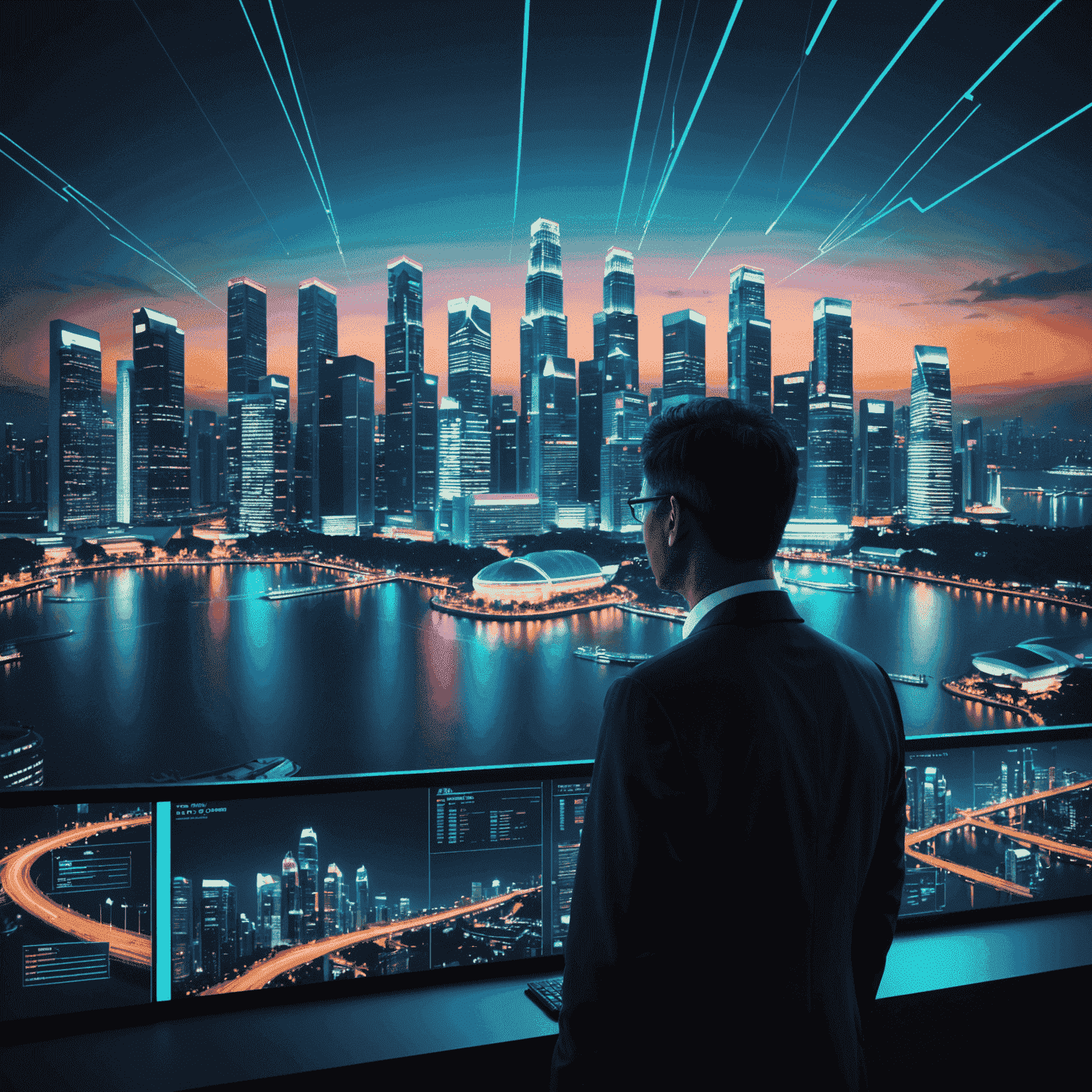 A futuristic Singapore skyline with neon lights, overlaid with graphs and charts showing economic growth, with Tony Tan's silhouette in the foreground