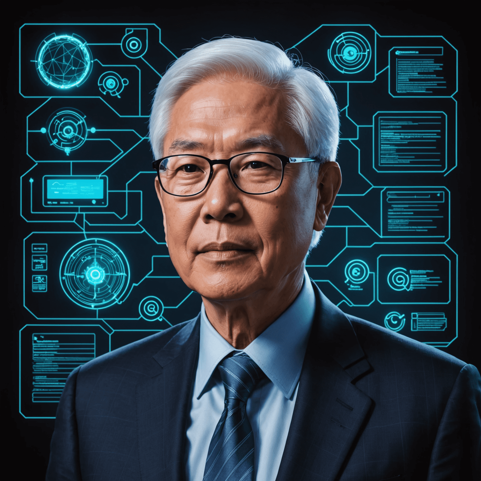 A montage of Tony Tan's career highlights with neon outlines, connected by glowing lines to represent lessons and insights