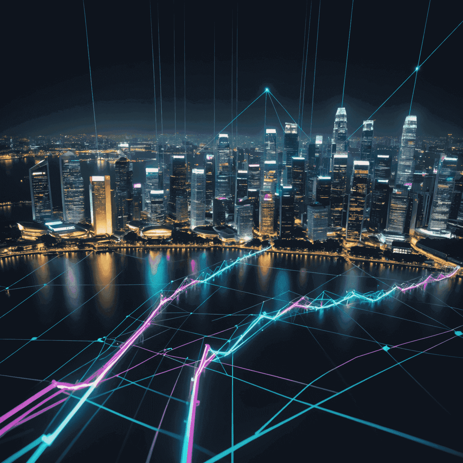 Futuristic graph showing Singapore's economic growth trajectory with neon lines and holographic data points